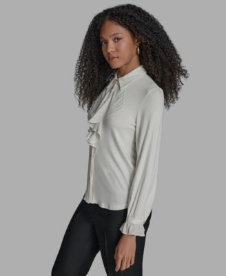 Women's Button Down Ruffle Front Blouse