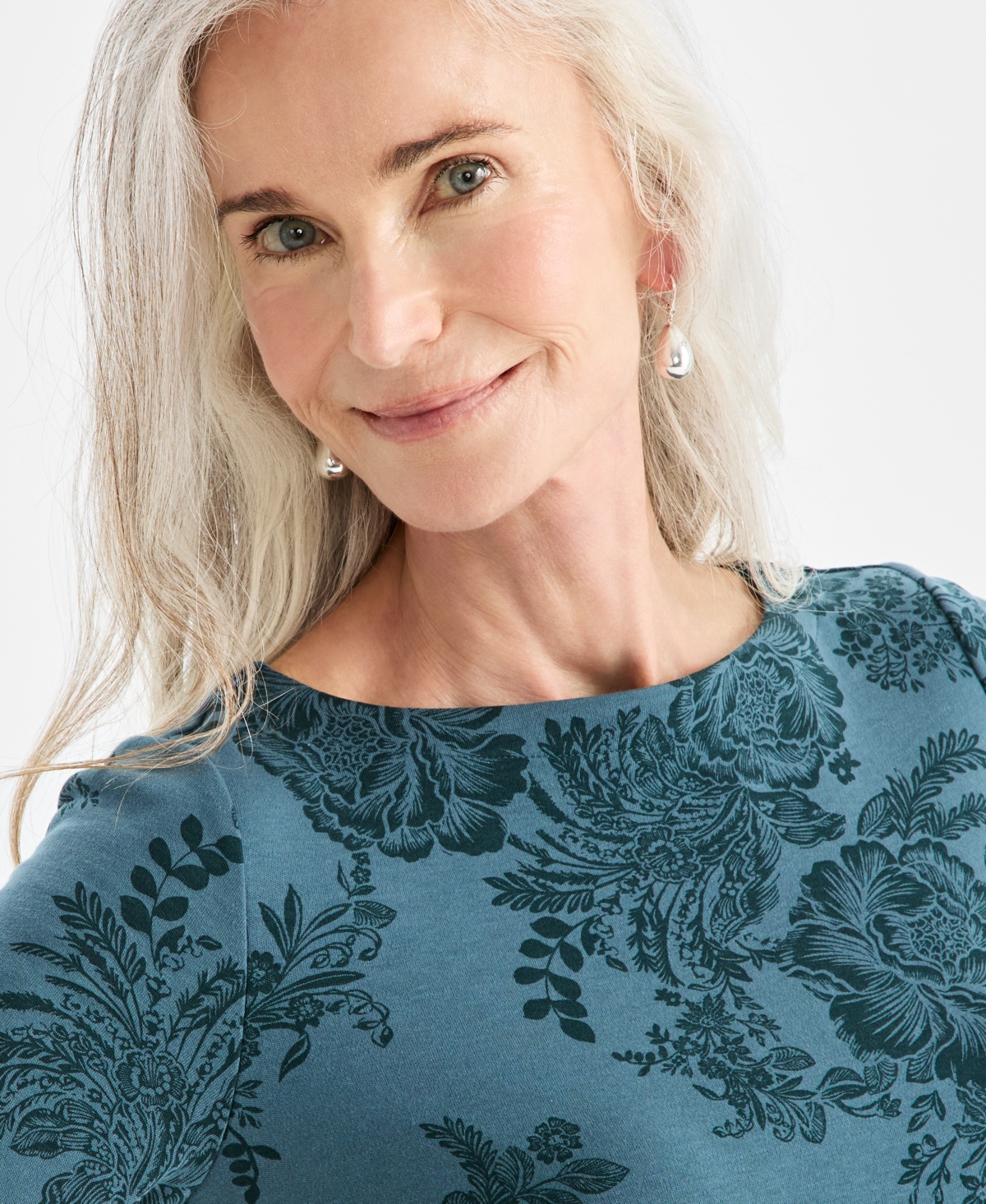 Style & Co Petite Floral Printed Elbow Sleeve Top, Macy's Exclusive In Blue