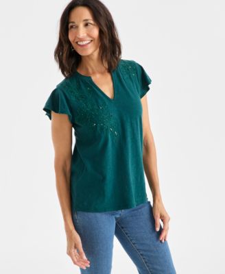 Women's Cotton Embroidered Flutter-Sleeve Knit Top, Macy's Exclusive