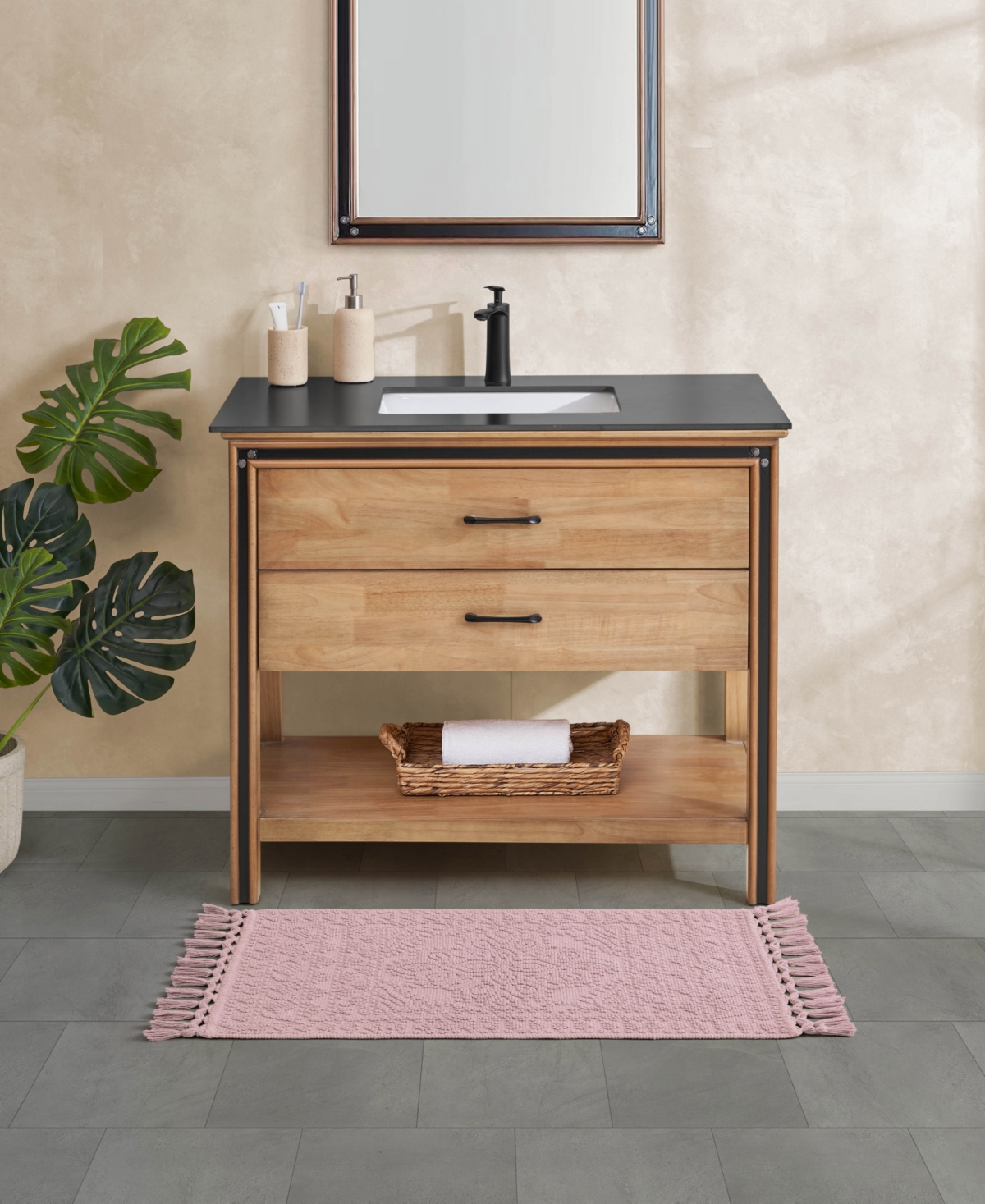 French Connection Nellore Fringe Cotton 20" X 38" Bath Rug In Pink