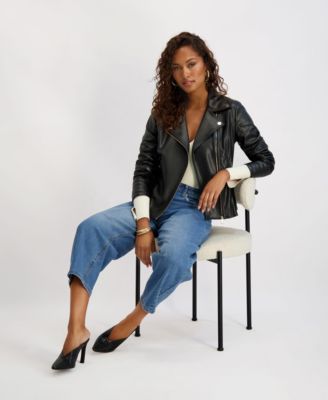 Women's Asymmetrical PU Peplum Moto Jacket with Quilting Details