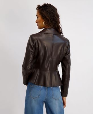 Women's Asymmetrical PU Peplum Moto Jacket with Quilting Details