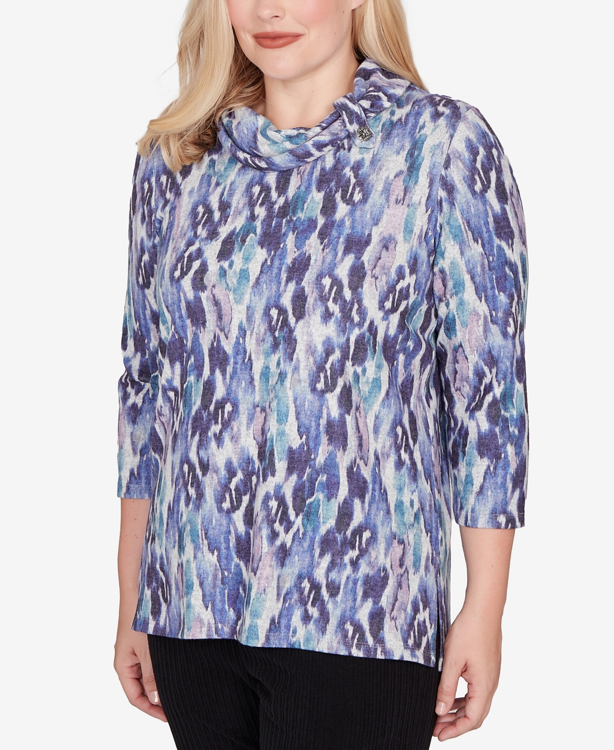 Alfred Dunner Petite Lake Champlain Animal Melange Three Quarter Sleeve Top In Multi
