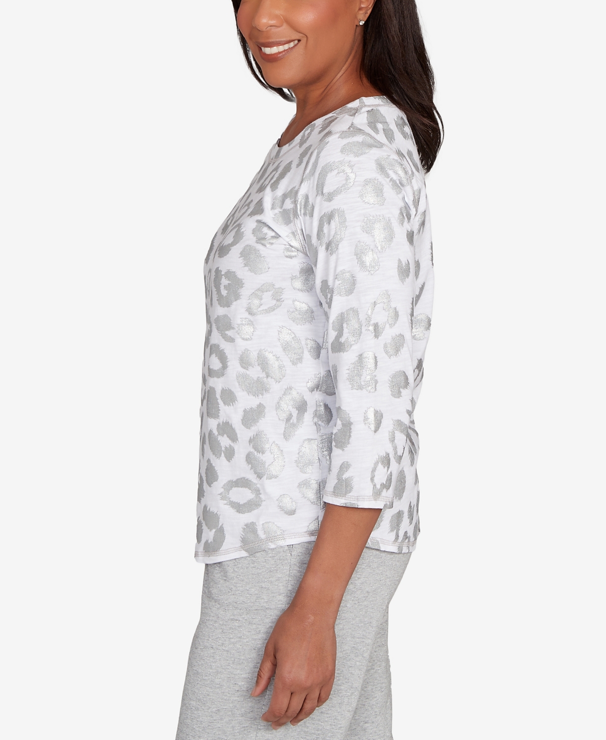 Alfred Dunner Petite Casual Vibe Monotone Crew Neck Animal Top In Gray