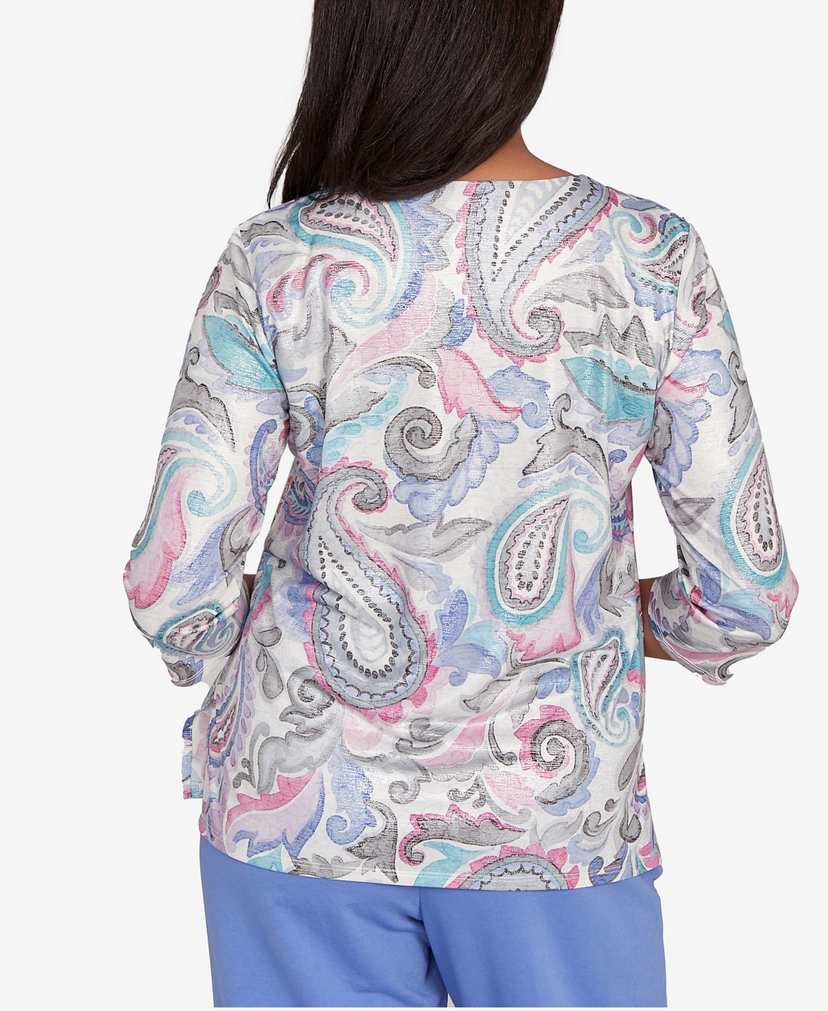 Alfred Dunner Petite Casual Vibe Pleated Paisley Crew Neck Top In Pink
