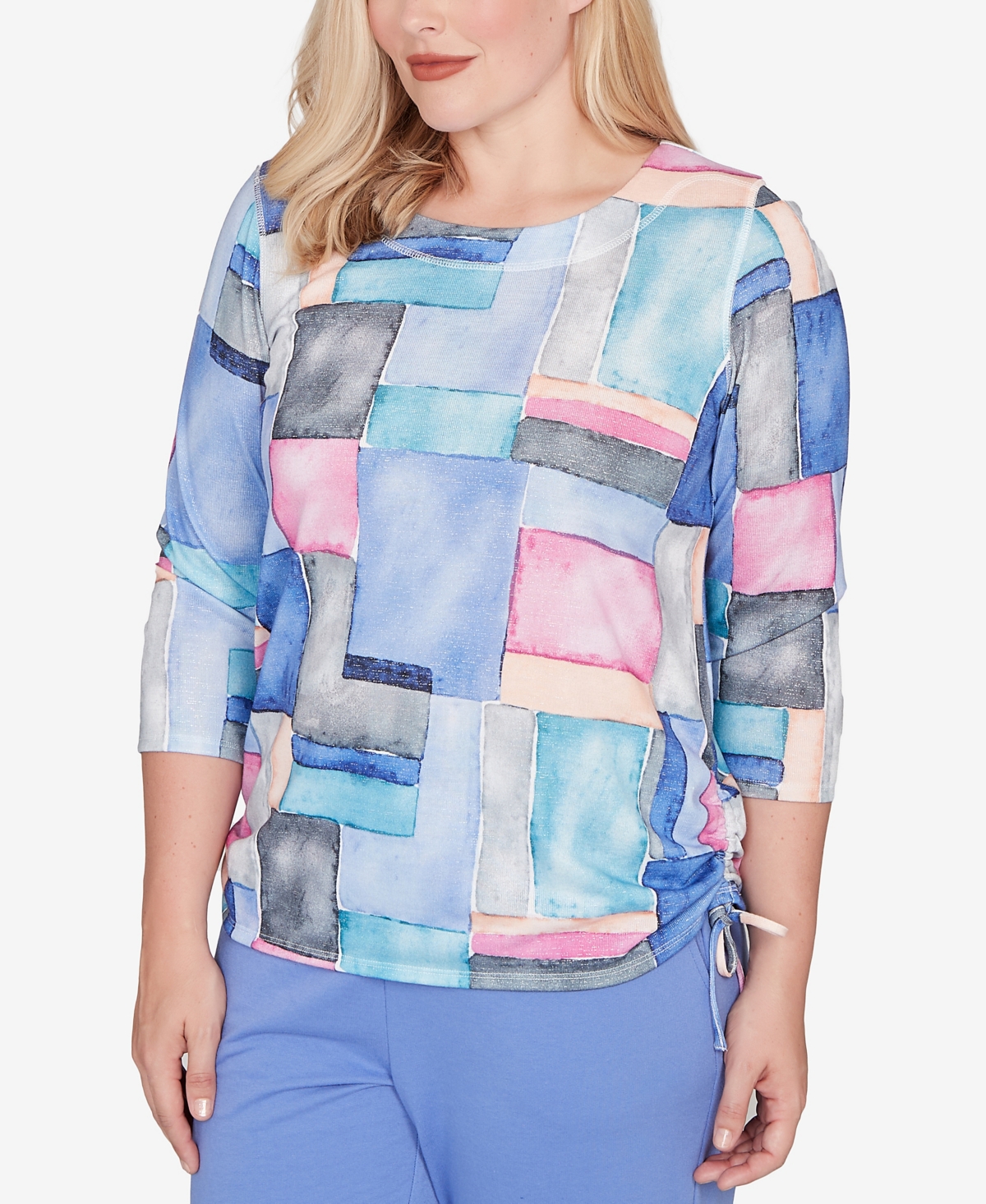 Alfred Dunner Petite Casual Vibe Tie Side Ruched Colorblock Top In Multi