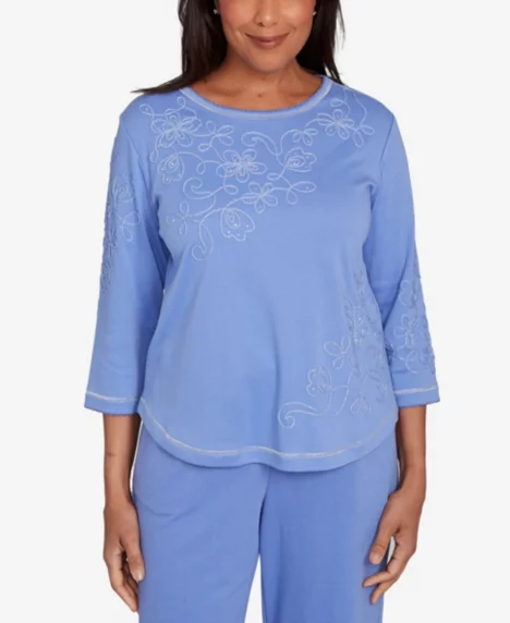 Petite Casual Vibe Asymmetrical Floral Embroidered Detail Top - Iris