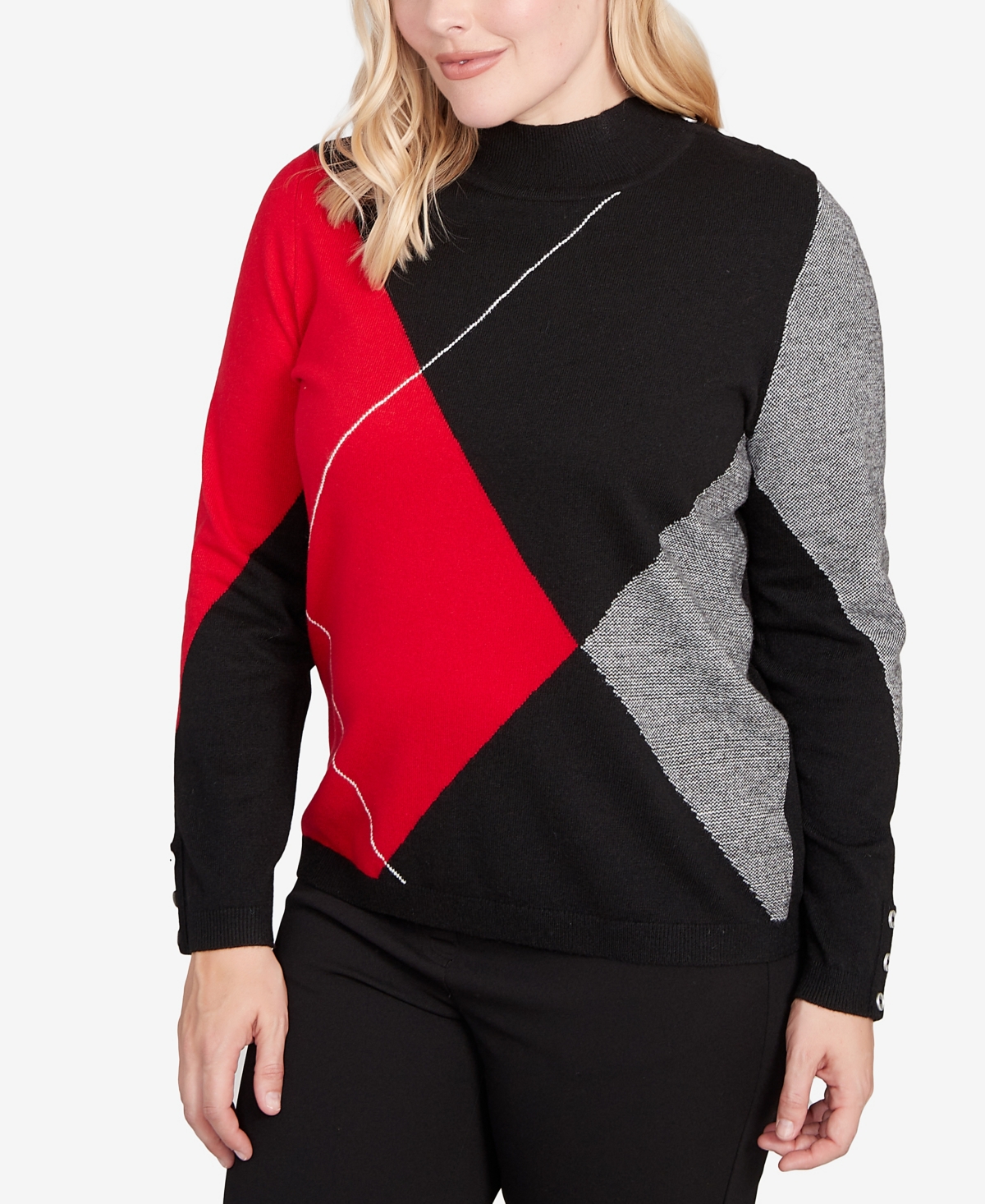 Alfred Dunner Petite Jet Setter Exploded Argyle Mock Neck Sweater In Black