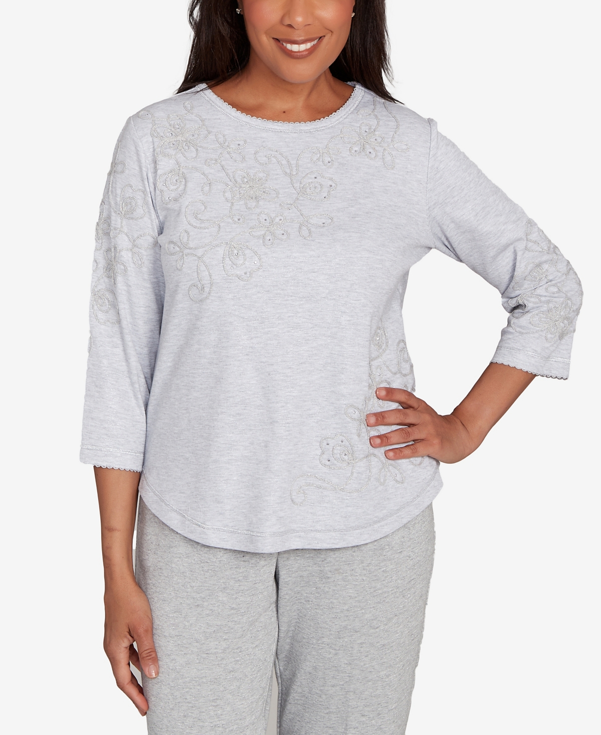 Alfred Dunner Petite Casual Vibe Asymmetrical Floral Embroidered Detail Top In Silver