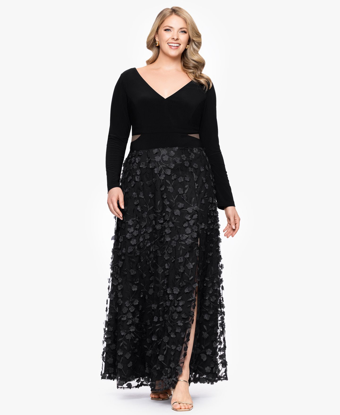 Женское платье XSCAPE Plus Size Long Sleeve Embellished, цвет: Чёрный — фото 1