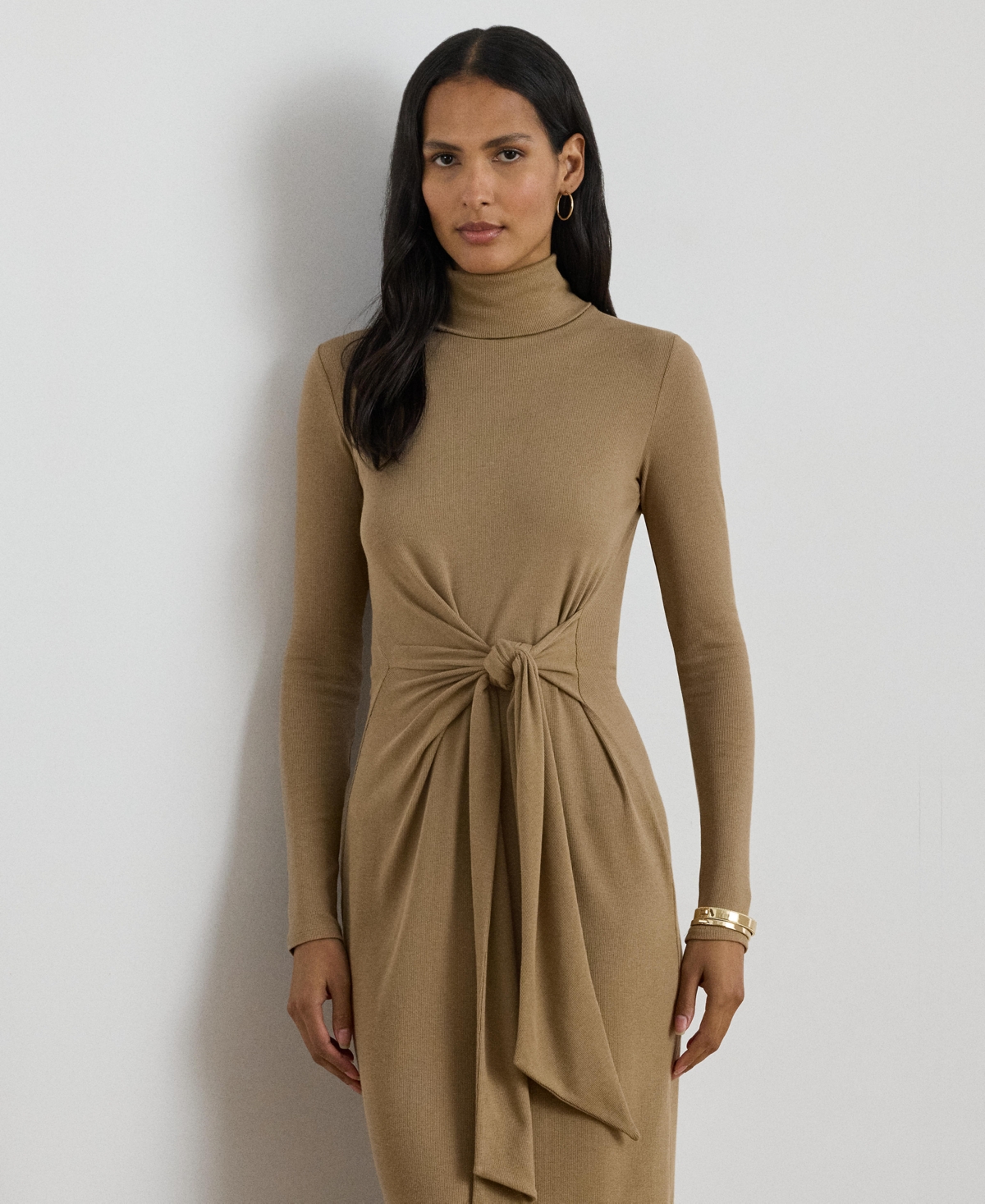 Ralph Lauren Tie-front Turtleneck Dress In Brown