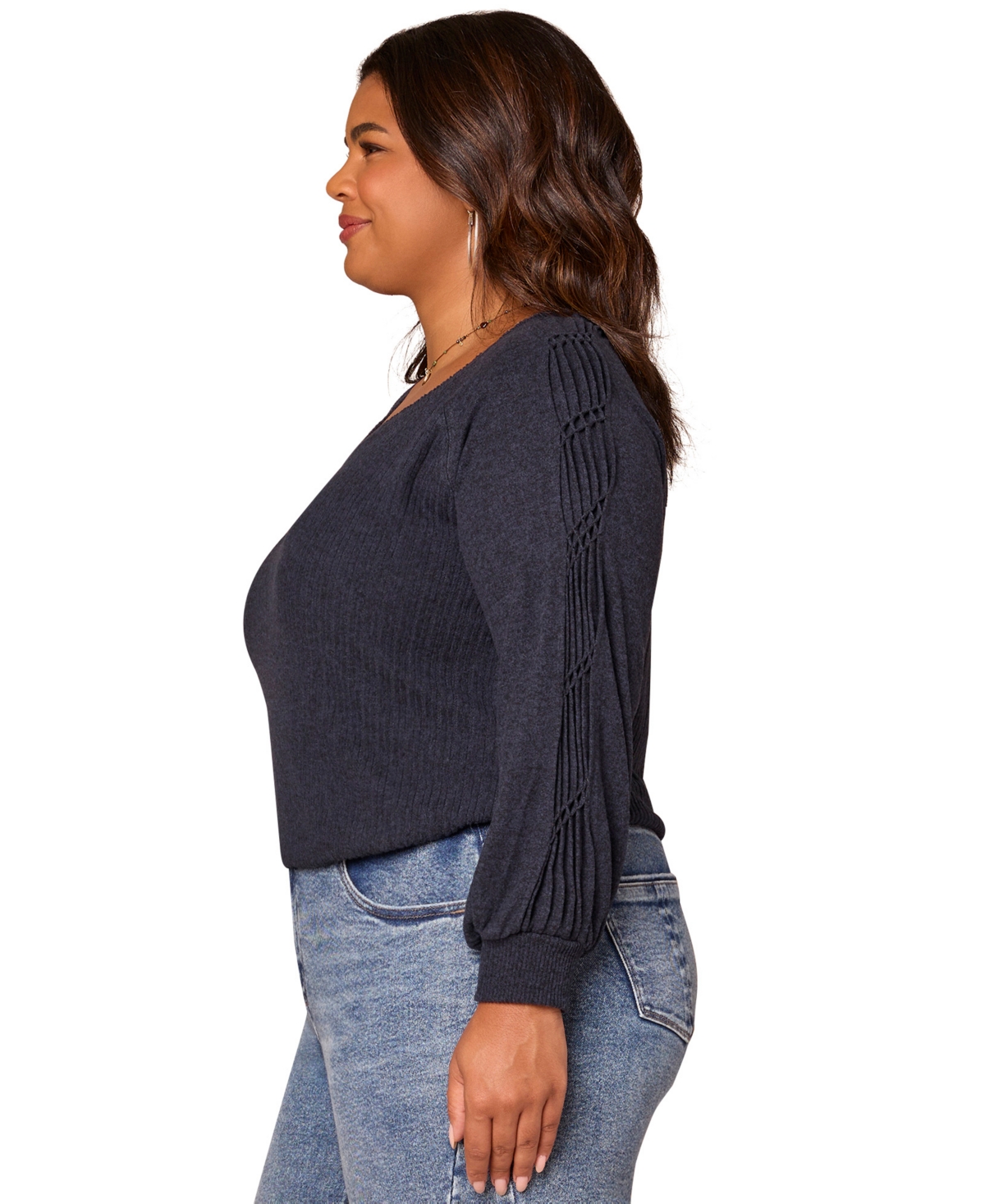 Democracy Plus Size Long Sleeve Cased Hem Knit Top In Blue