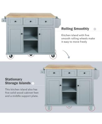 Kitchen Island Cart with Drop Leaf, Rubber Wood Top, 3 Drawers & Internal Racks, Rolling Storage on Wheels