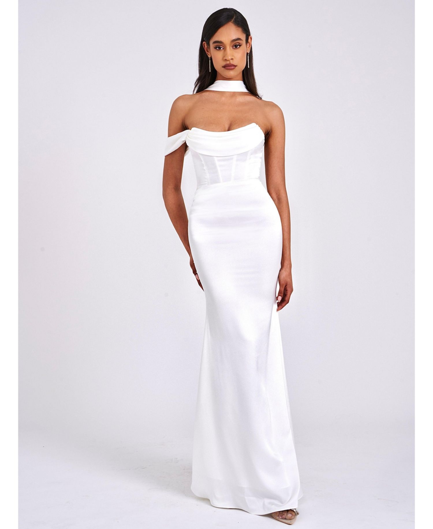 Women Ivona White Halter Neck Double Duchess Satin Gown