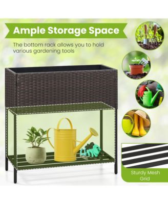 Elevated Planter Box Raised Garden Bed w/ Rattan Surface Bottom Storage Shelf