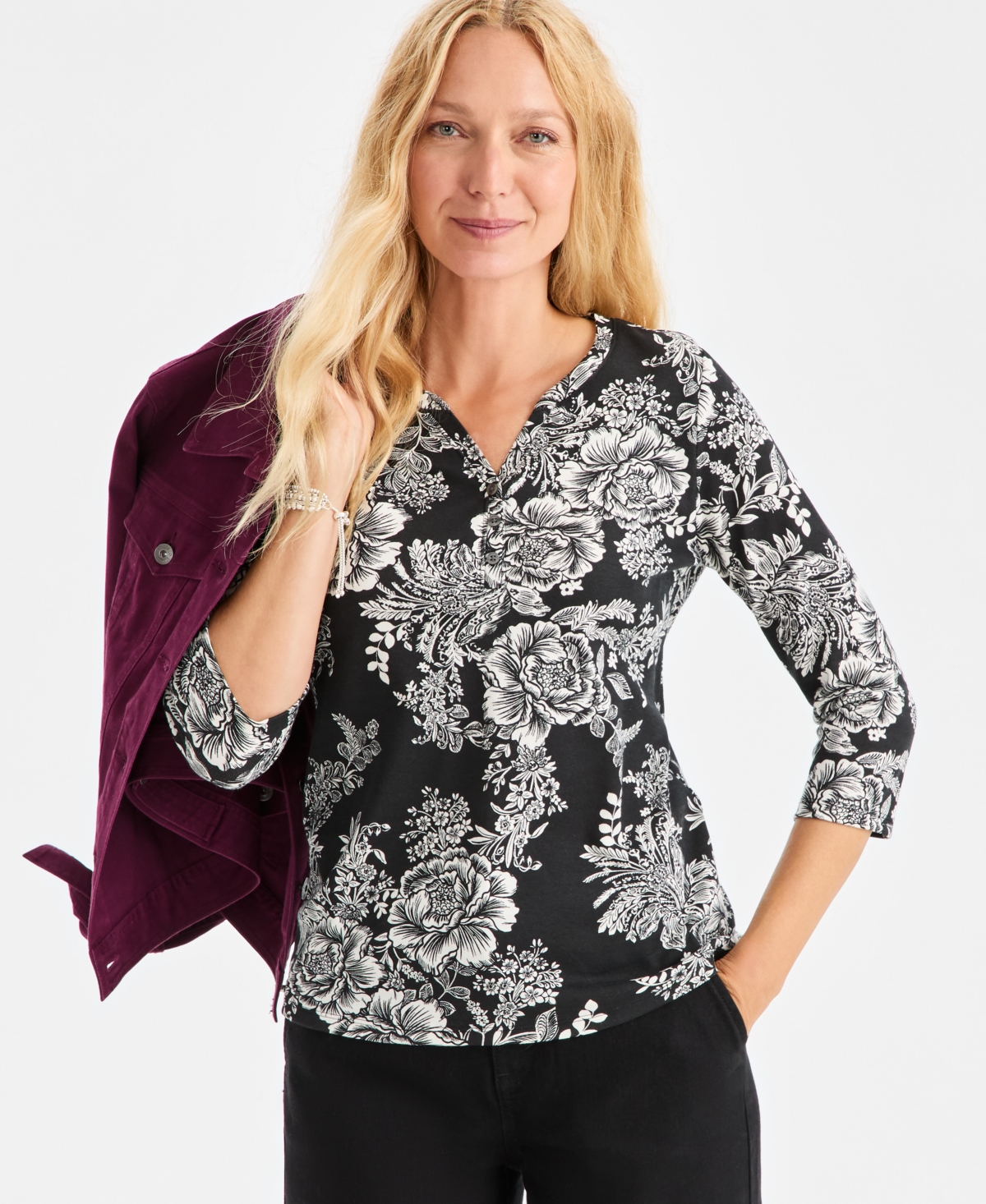 Style & Co Women's Printed 3/4 Sleeve Henley, Macy's Exclusive