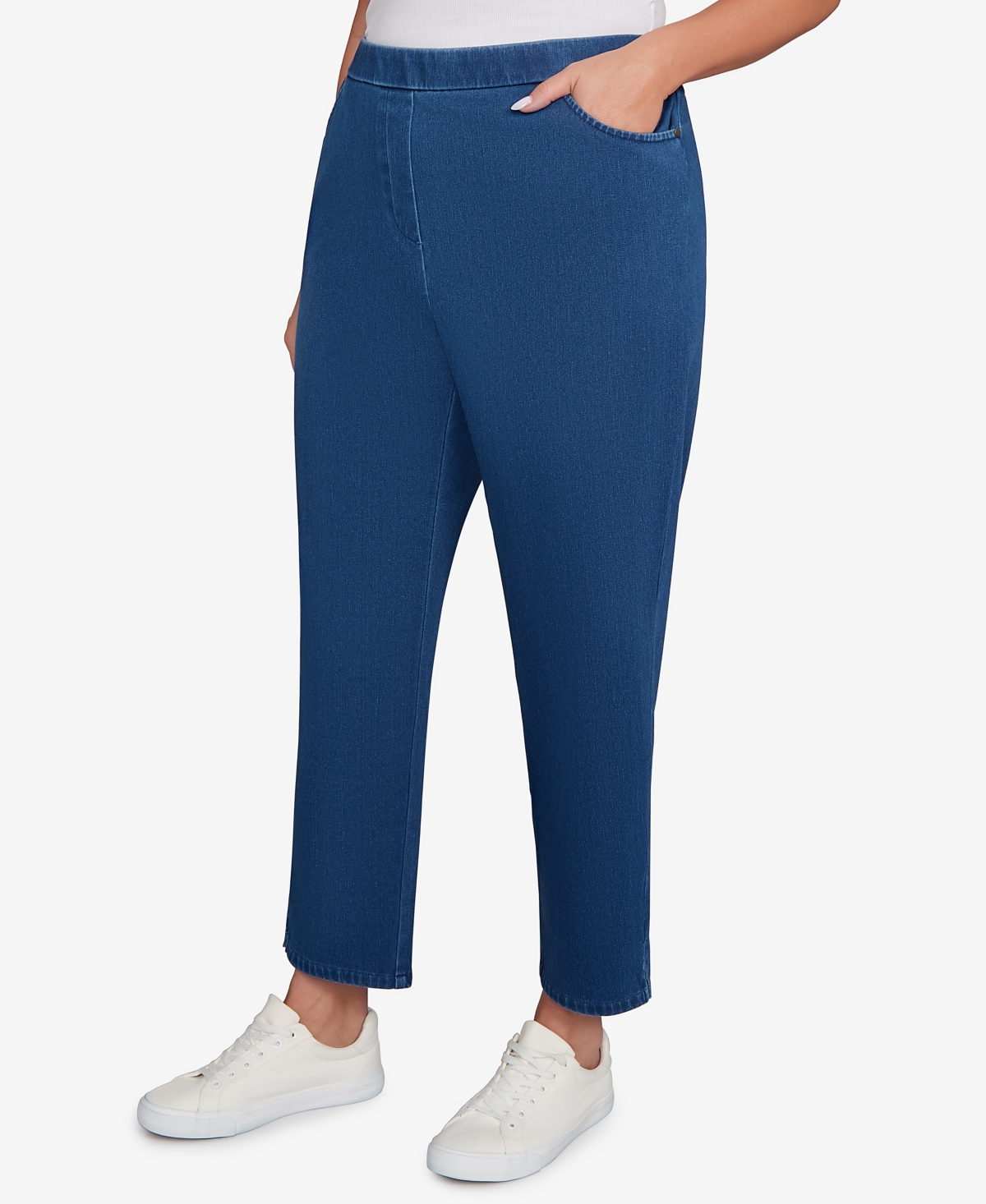 Alfred Dunner Plus Size Sunset Canyon Denim Knit Medium Length Split Hem Jeans In Blue