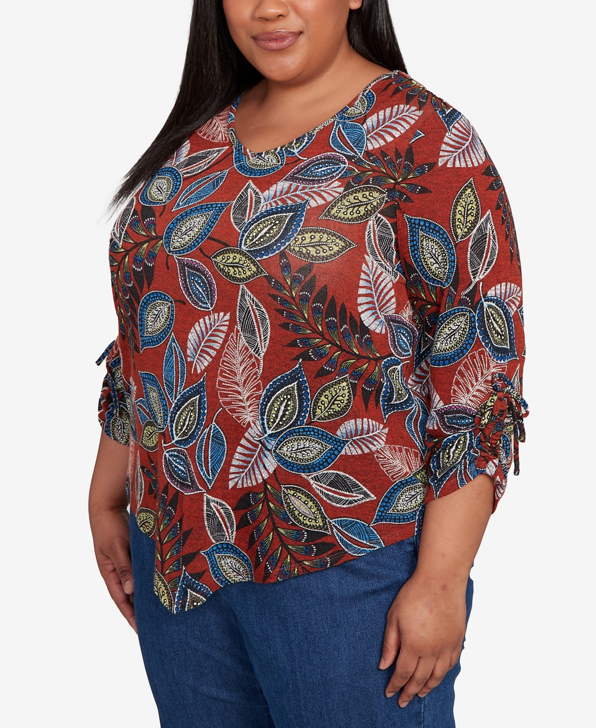Alfred Dunner Plus Size Sunset Canyon Batik Leaves Melange Asymmetrical Top In Brown