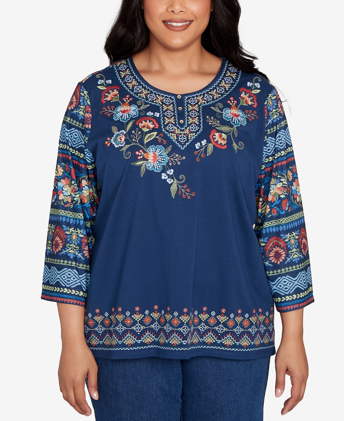 Alfred Dunner Plus Size Sunset Canyon Printed Sleeve Floral Embroidered Top In Blue