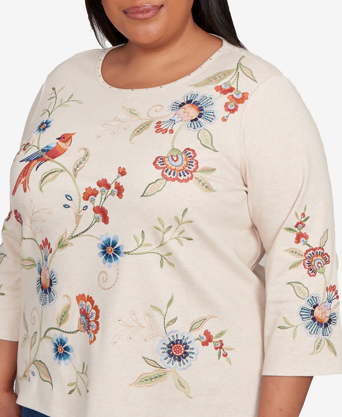 Alfred Dunner Plus Size Sunset Canyon Allover Floral Embroidered Crew Neck Top In Neutral