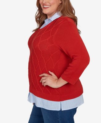 Plus Size Sunset Canyon Stitched Cable Stripe Woven Trim Sweater