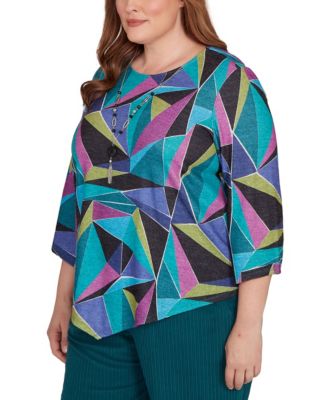 Plus Size Lake Champlain Abstract Stained Glass Top with Necklace