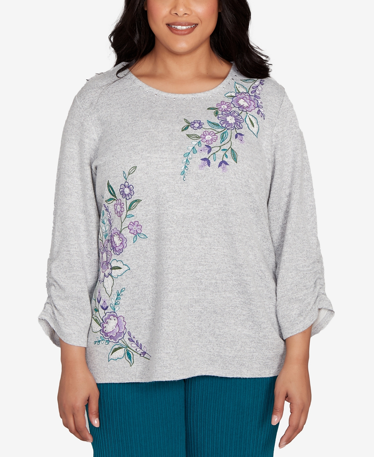 Alfred Dunner Plus Size Lake Champlain Embroidered Flowers Top With Side Tie Ruching In Gray