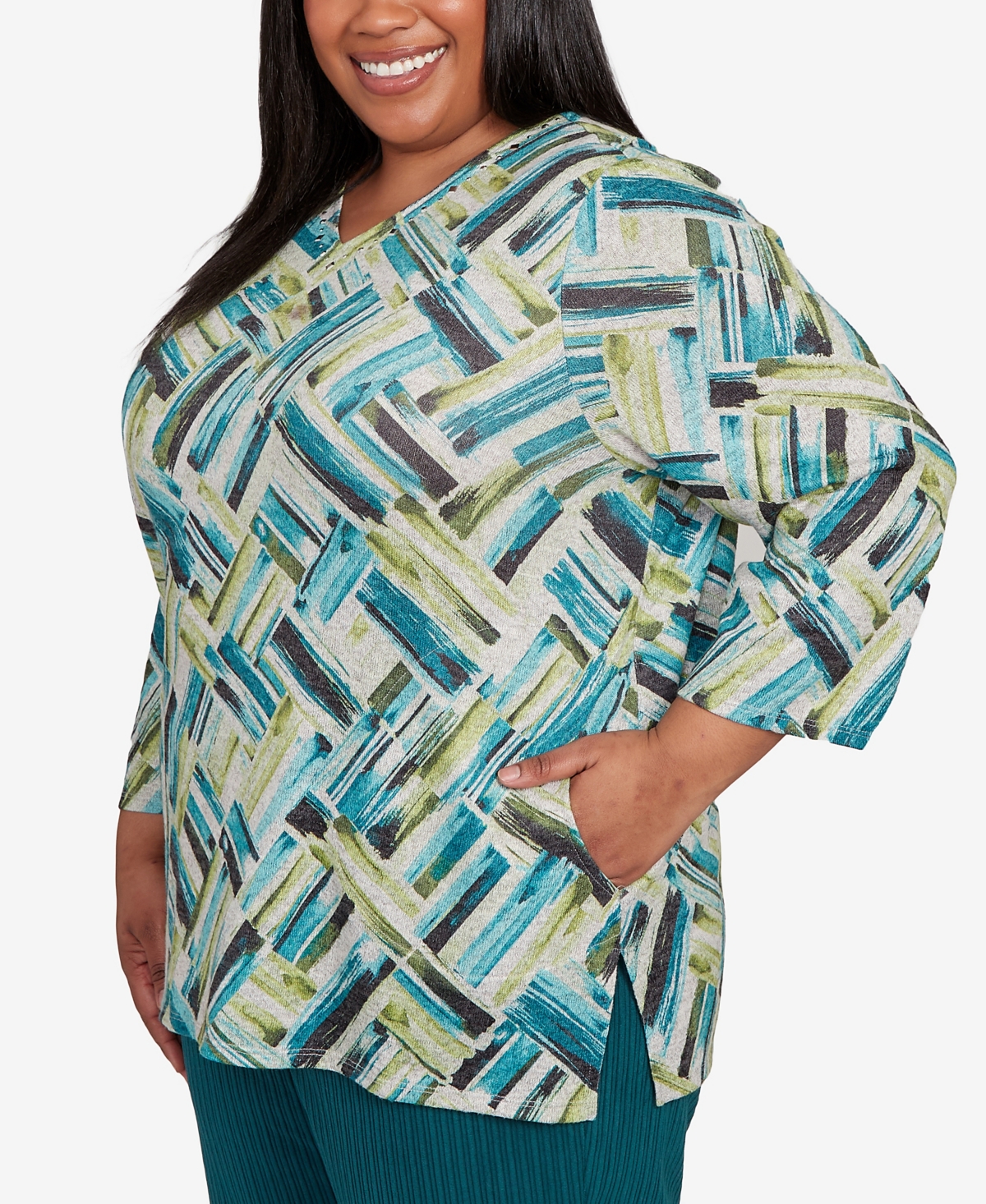Alfred Dunner Plus Size Lake Champlain Detailed V Neck Brushstroke Top In Multi