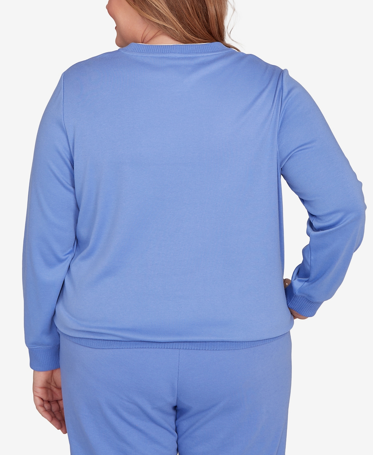 Alfred Dunner Plus Size Casual Vibe Embroidered Patchwork Long Sleeve Top In Blue