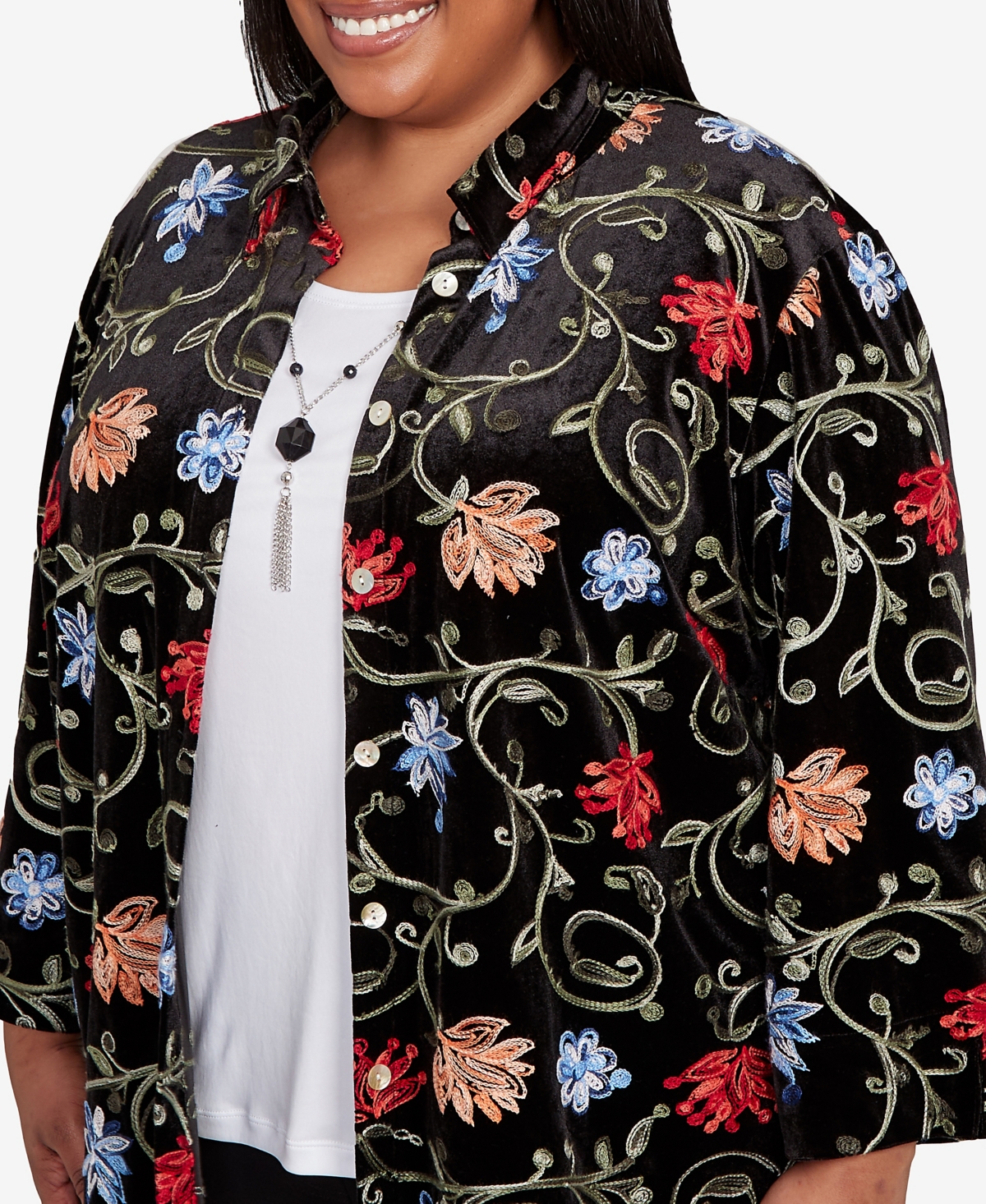 Alfred Dunner Plus Jet Setter Rich Velvet Floral Two One Top with Necklace
