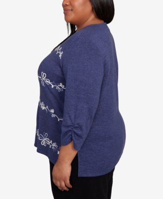 Plus Size Lake Champlain Embroidered Scroll Ruched Sleeve Top
