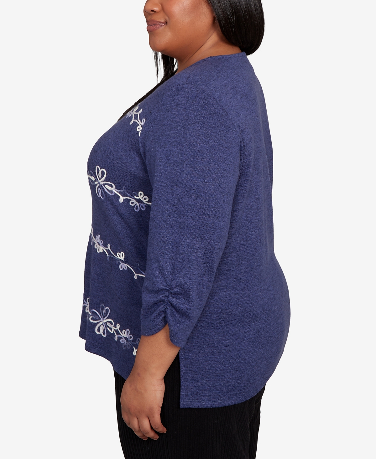 Alfred Dunner Plus Size Lake Champlain Embroidered Scroll Ruched Sleeve Top In Purple