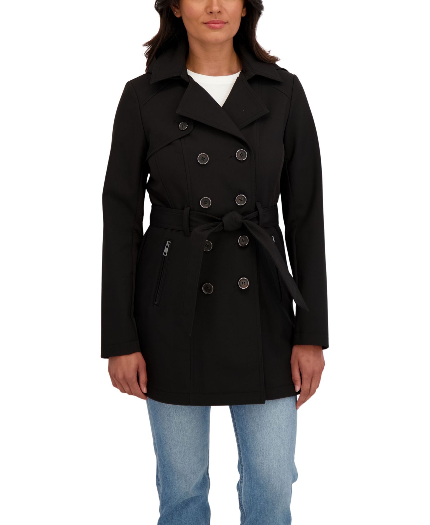 Женское пальто Sebby Collection Belted Double Breasted Soft Shell Trench Coat With Detachable Hood, цвет: Чёрный — фото 1
