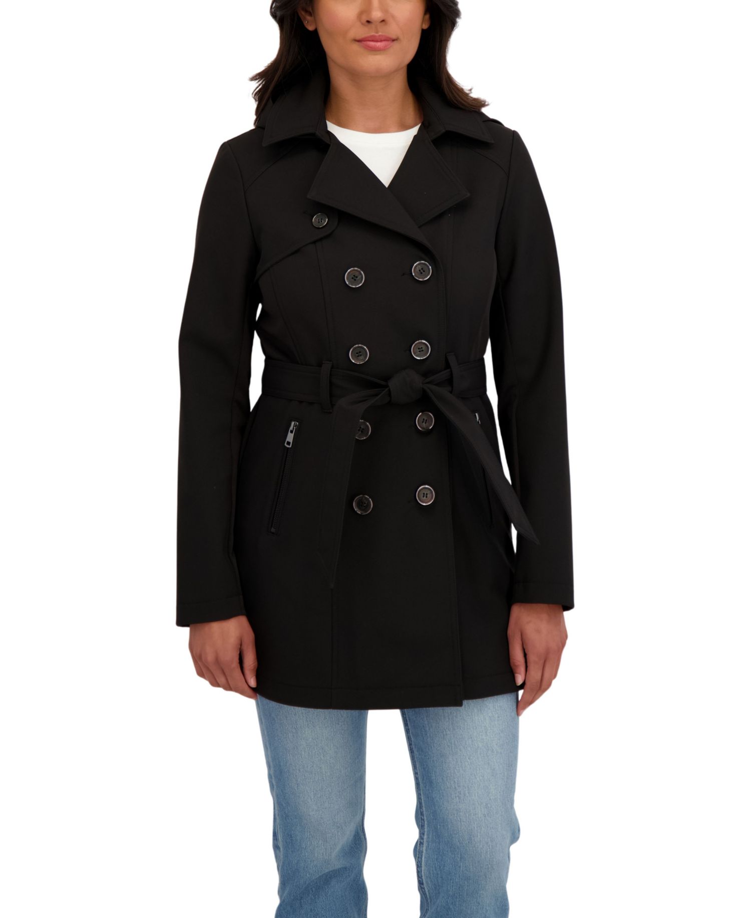 Women's Belted Double Breasted Soft Shell Trench Coat With Detachable Hood