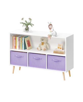 35 in. Wide White/Purple Kids Bookcase with Collapsible Fabric Drawers, Children's Book Display, Toy Storage Cabinet