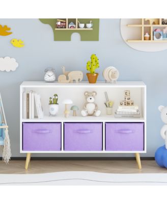 35 in. Wide White/Purple Kids Bookcase with Collapsible Fabric Drawers, Children's Book Display, Toy Storage Cabinet