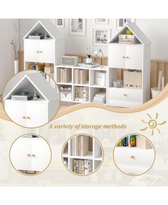 White Wood Children's Bookshelf with House-Shaped Design with Adjustable Placement for Playroom or Bedroom