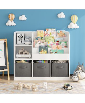 36 in. Wide White/Gray Multifunctional Kids Bookcase and Bookshelf with 3 Collapsible Fabric Drawers Bookcase Display Stand