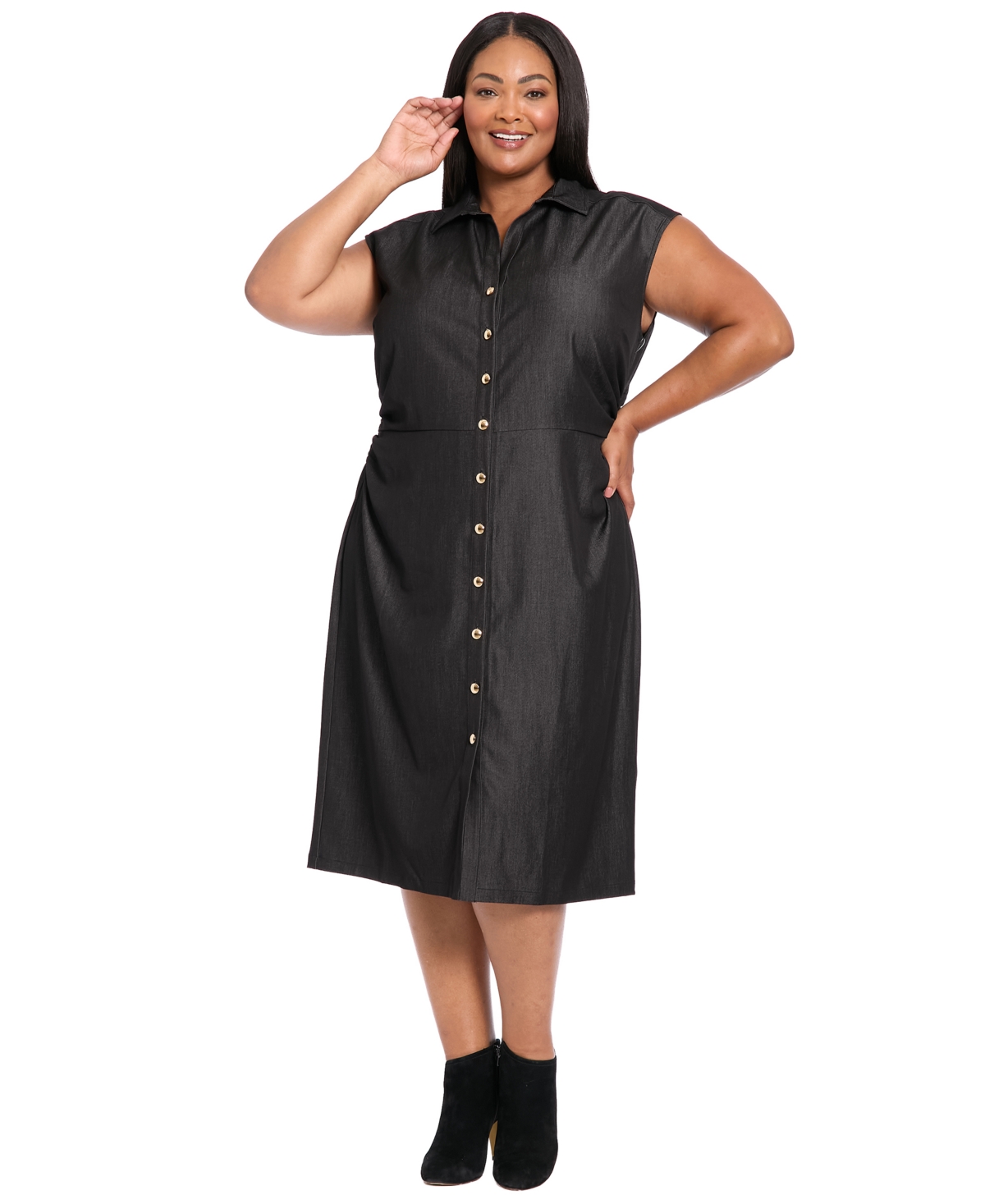 London Times Plus Size Denim Short Sleeve Midi Dress In Black