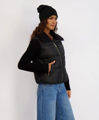 Women's Mixed Media Short Puffer with Knit Sleeves & Collar