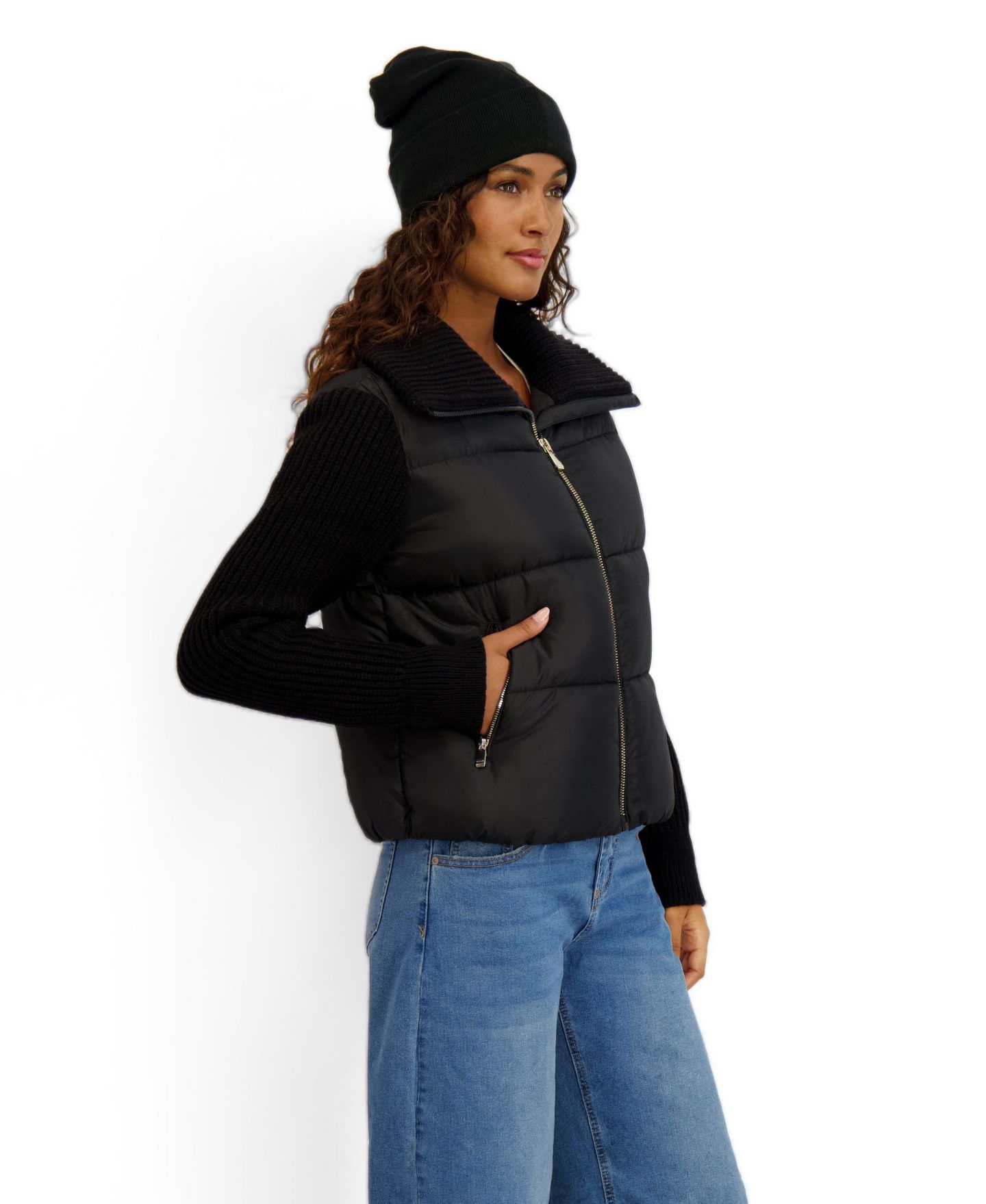 Женская куртка Kensie Mixed Media Short Puffer with Knit Sleeves & Collar, цвет: Чёрный — фото 2