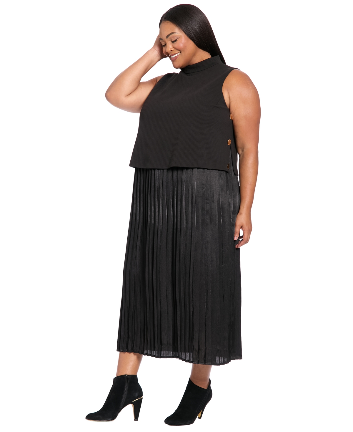 London Times Plus Size Sleeveless A-line Midi Dress In Black