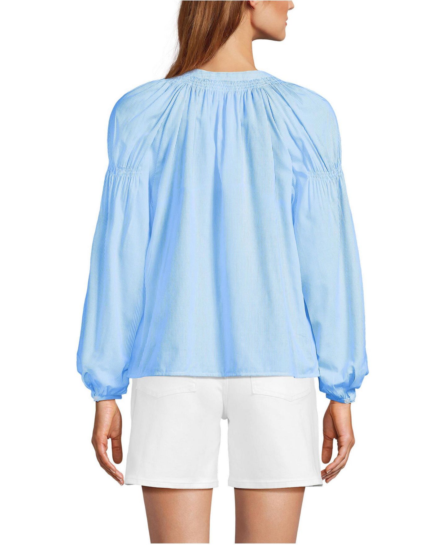 Женский топ Lands' End Cotton Voile Long Sleeve Raglan Smocked, цвет: Синий / Белый — фото 2