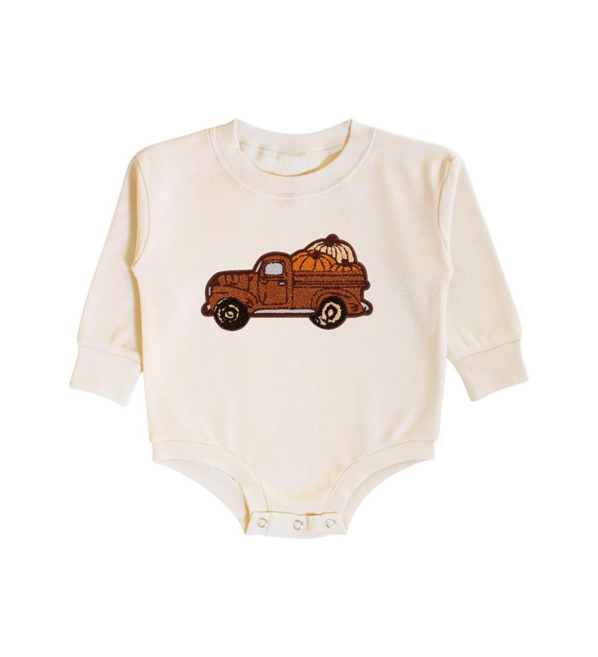 Sweet Wink Baby Boy Fall Truck Patch Long Sleeve Romper - Natural