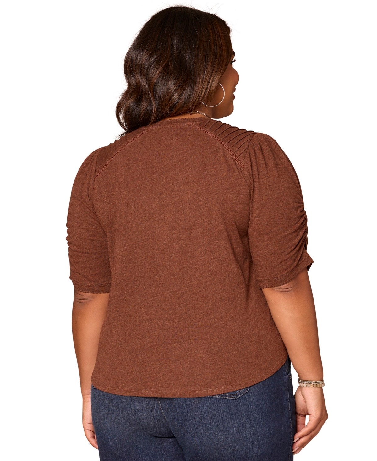 Democracy Plus Size Puff-sleeve V-neck Top In Brown
