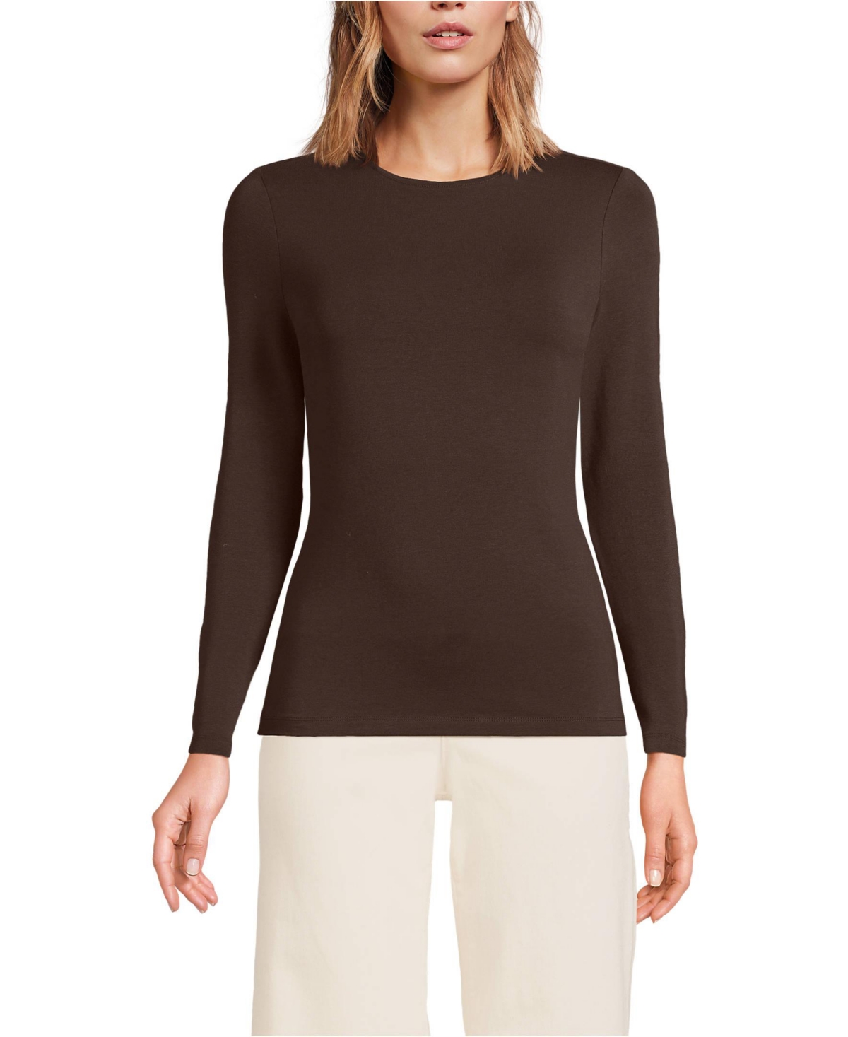Lands' End Women's Lightweight Jersey Skimming Long Sleeve Crew Neck T-shirt - Rich coffee