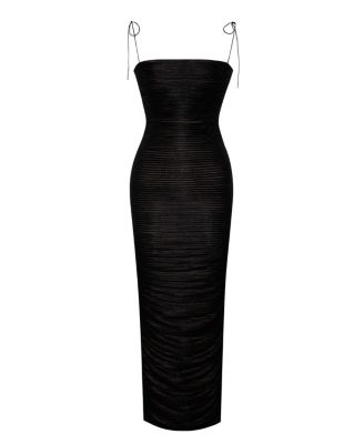Women The Glint Black Ruched Chiffon Long Maxi Dress