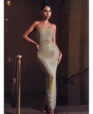 Women The Glint Gold Ruched Chiffon Long Maxi Dress