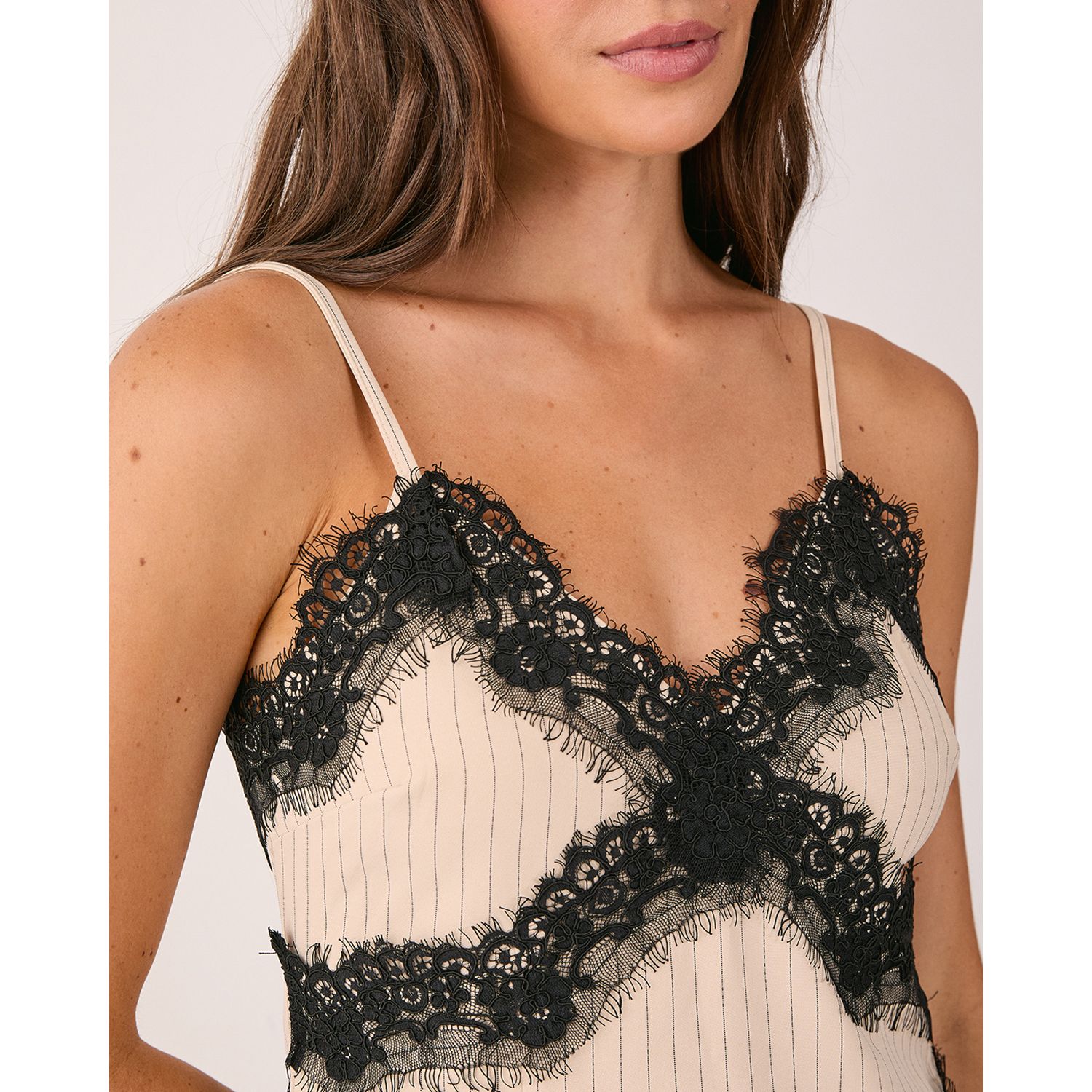 Women's Pinstripe Lace Trim Tailored Strappy Top