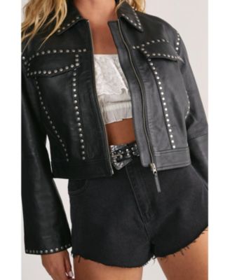 Women's Leather Studded Cropped Jacket